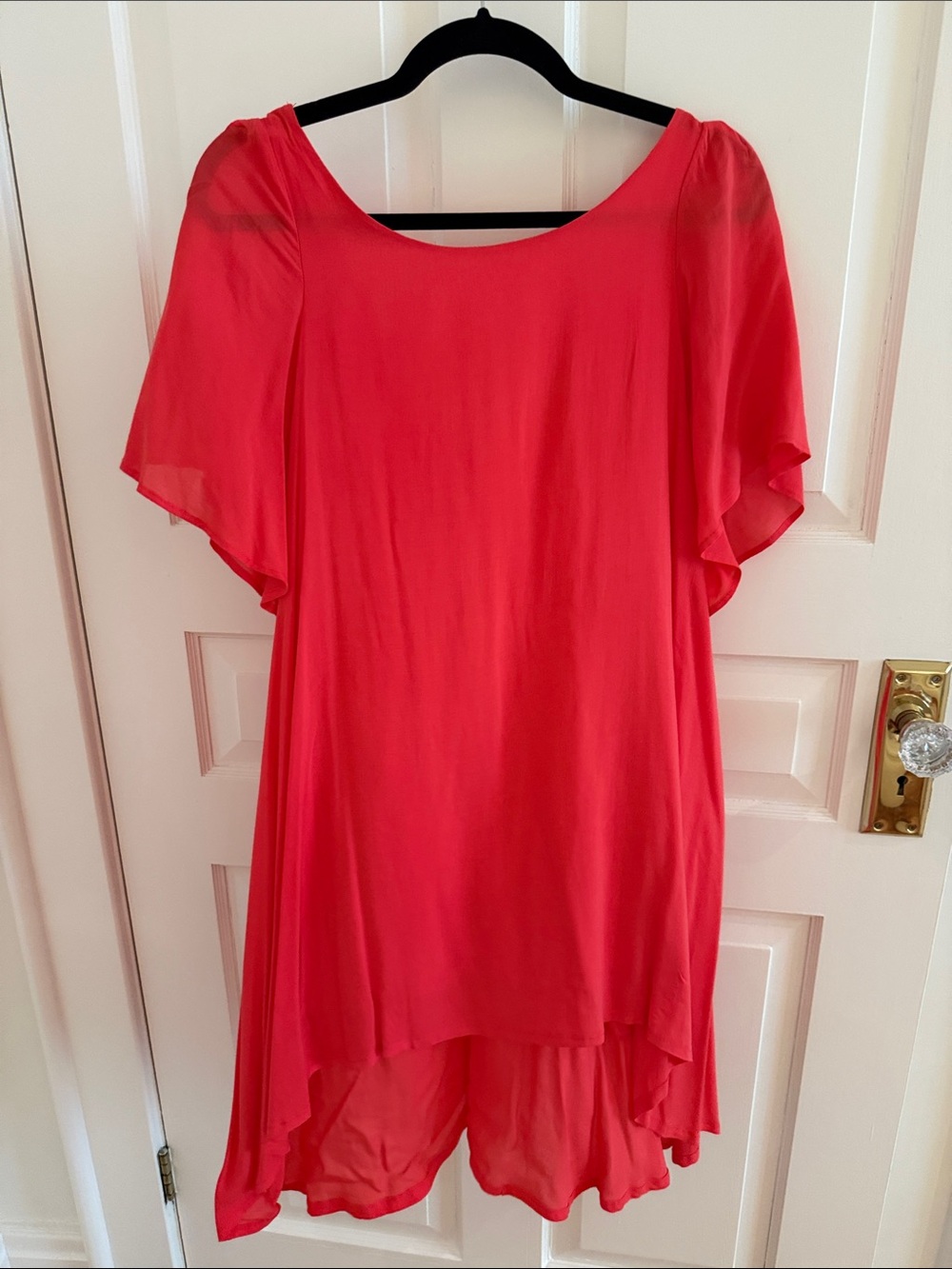 Audrey 3+1 Coral High-Low Flutter Sleeve Dress